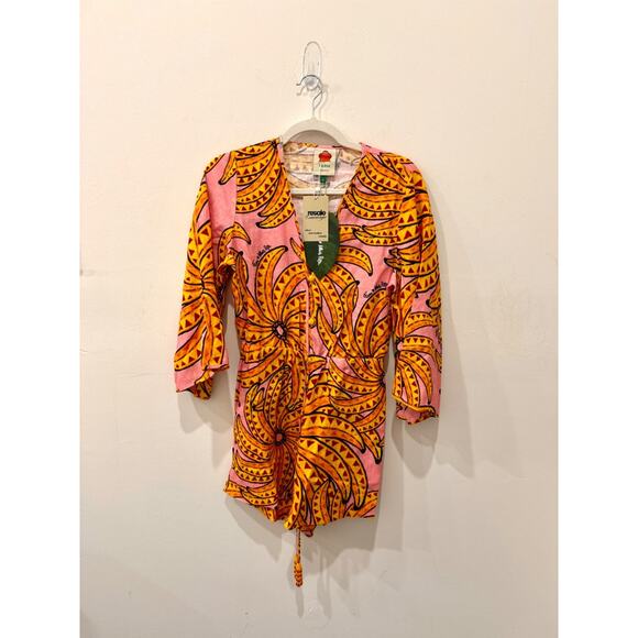NWT Farm Rio Banana Floral Linen 3/4 Sleeve Romper Pink/Yellow Women's Size S - Picture 3 of 7